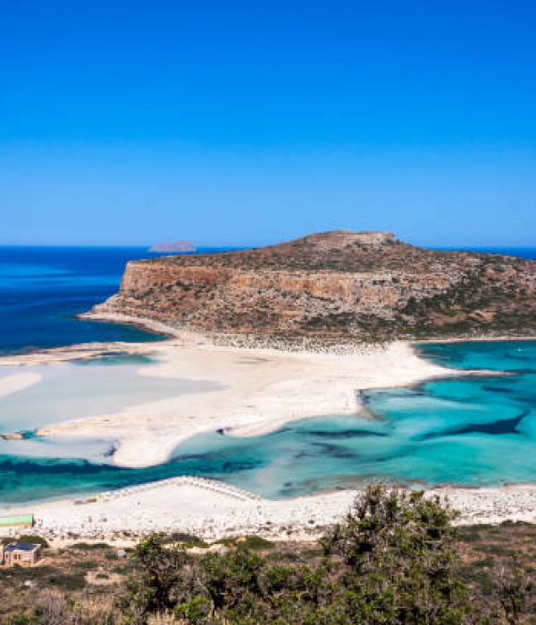 the beautiful beach of Balos, opposite the island of Gramvousa, on the island of Crete. Crete is the largest and most populous of the Greek islands